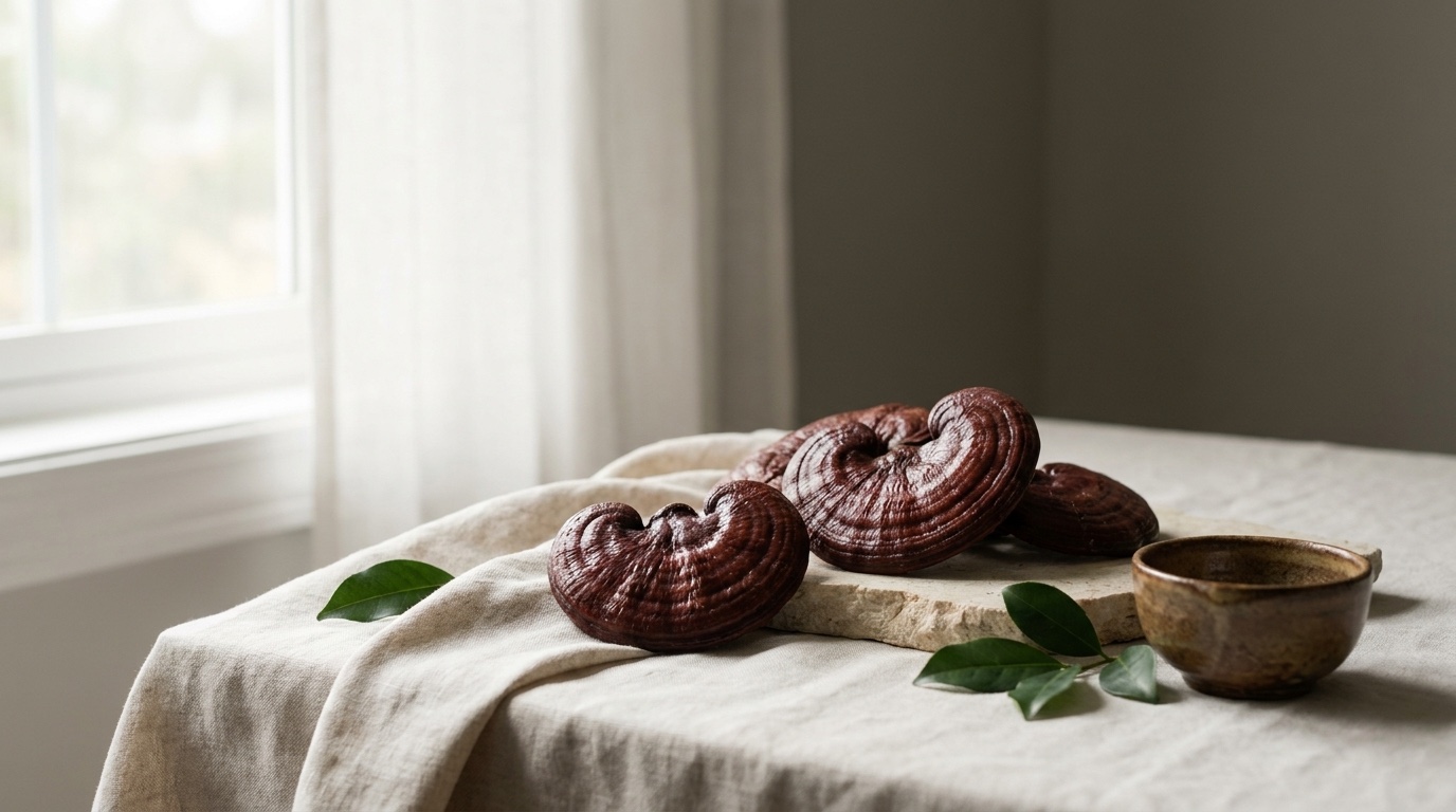 Whole dried red reishi mushrooms on warm linen and stone in soft morning light