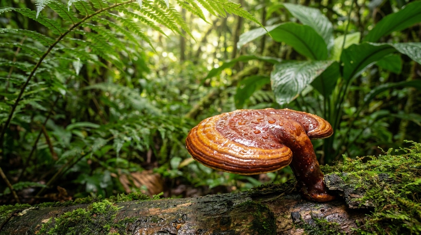 A glossy red reishi mushroom growing on a mossy log in the rainforest