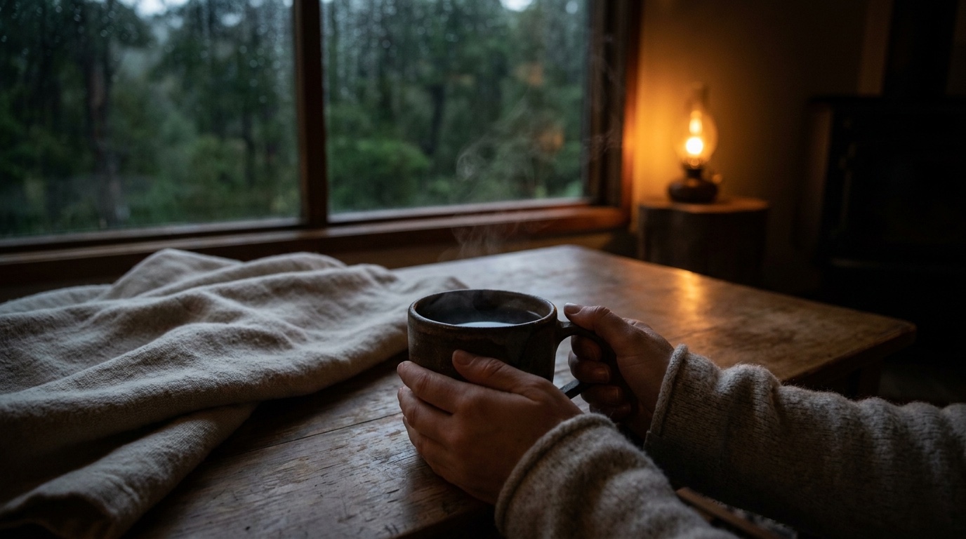 Hands cradling a warm mug of reishi cacao by lamplight in the evening